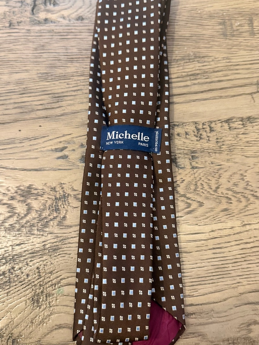 Michele Brown Silk Tie with White Square Print